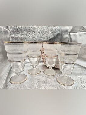 Art Deco Cocktail Glasses Set 4 Federal Glass Gold Frosted Optic Glassware 1930s